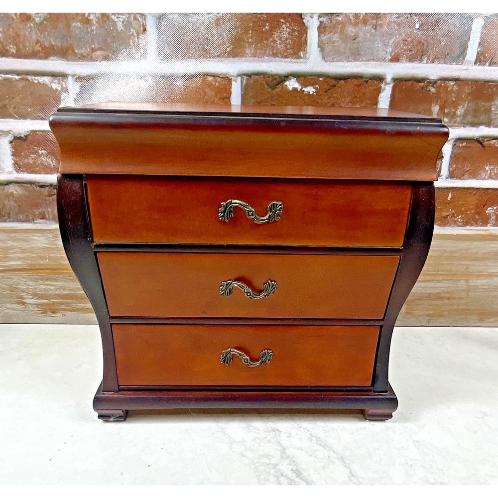 Wood Jewelry Box w/ Mirror Top, Drawers, Velvet Lined, Brown/Black 10.5"x10.75"